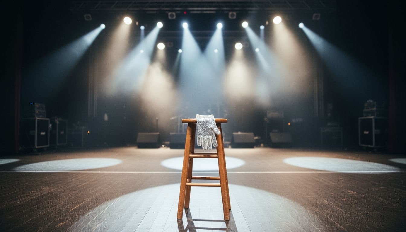 Empty concert stage under spotlights with a white glove on a stool