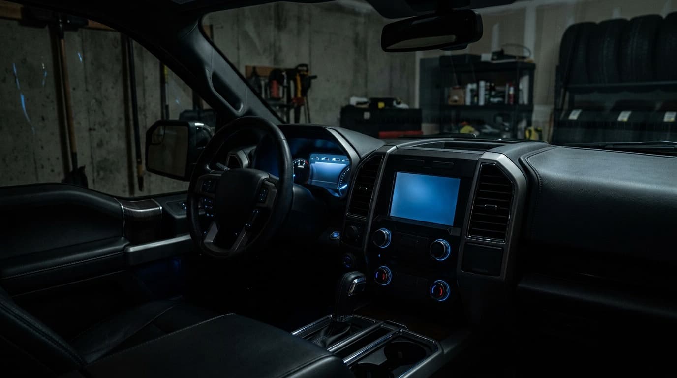 A pickup truck's dashboard glowing with digital display lights in a dim garage at night, no people, no visible text or logos.