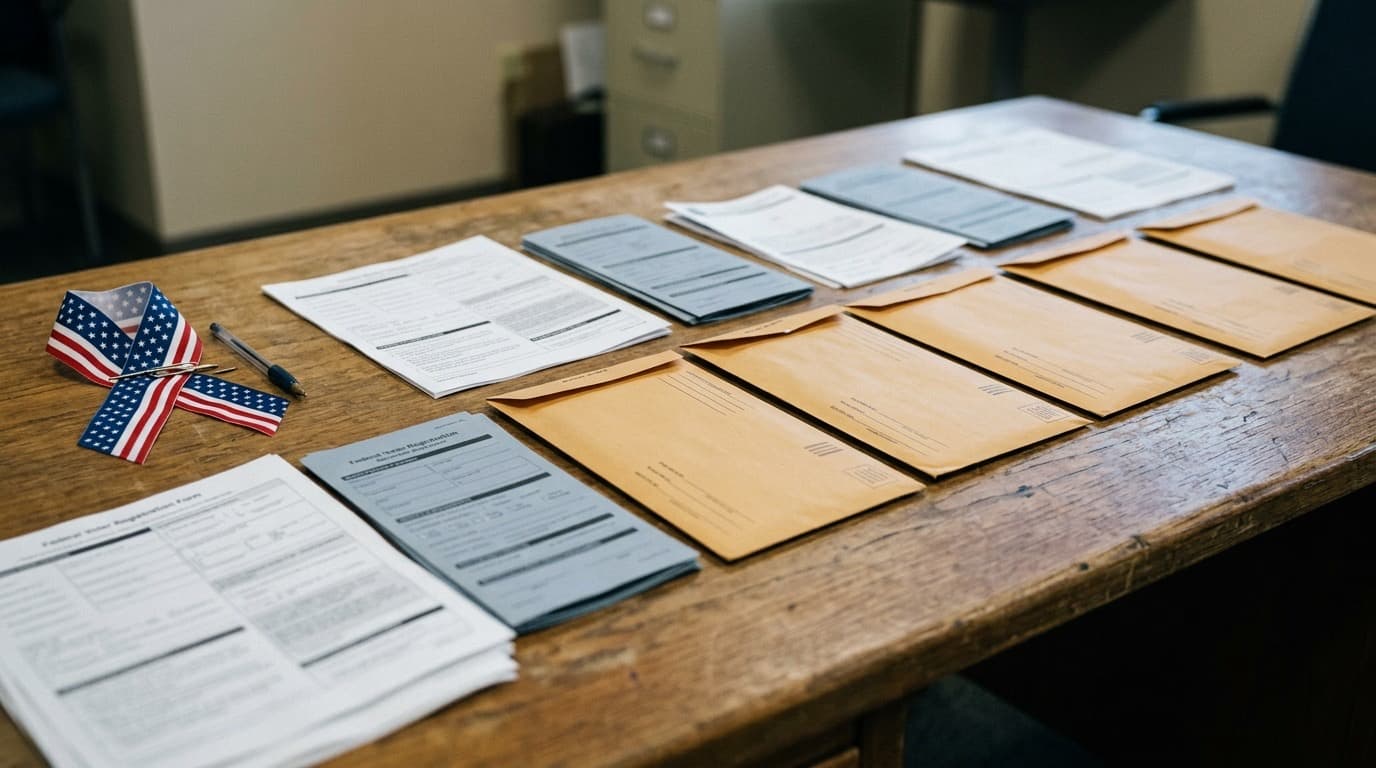 A row of absentee ballot envelopes and government forms on a desk under office lighting, no people, no visible text.
