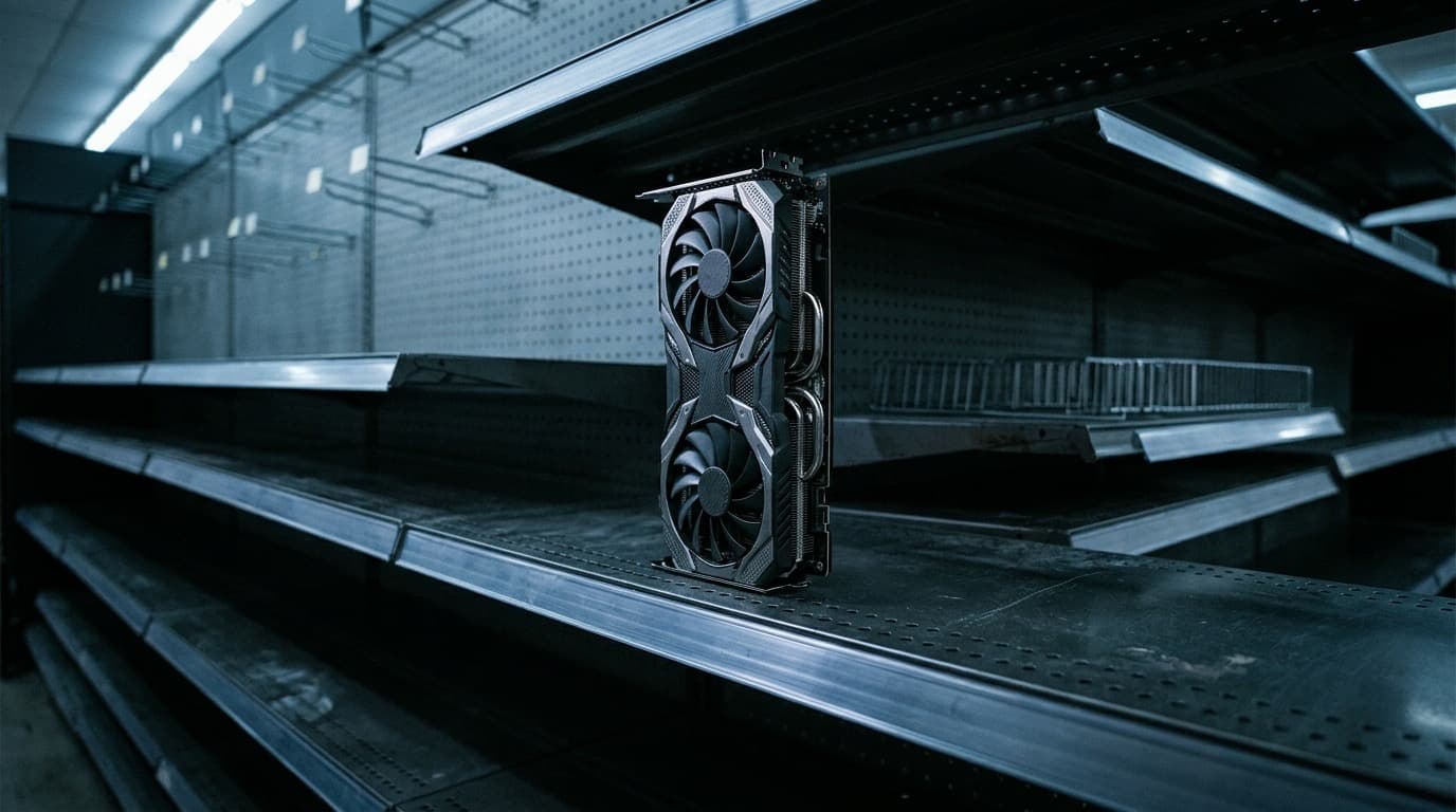 A single high-end graphics card on a dark empty retail shelf under cold blue light, no people.