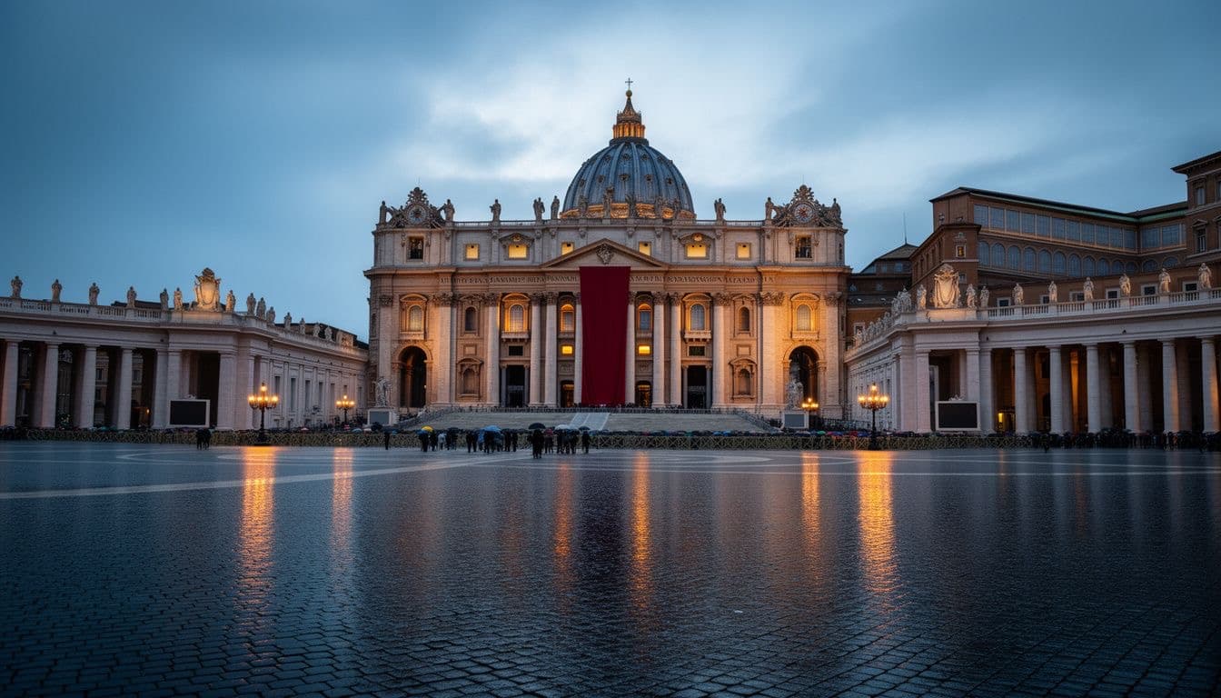 St. Peter's Basilica and wet square at dusk