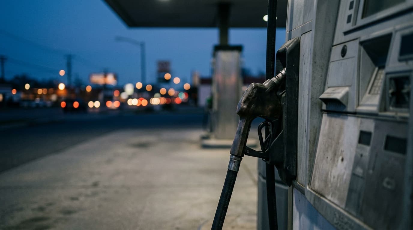 A fuel pump nozzle hanging in its holster at an empty gas station at dusk, with out-of-focus city lights behind it.