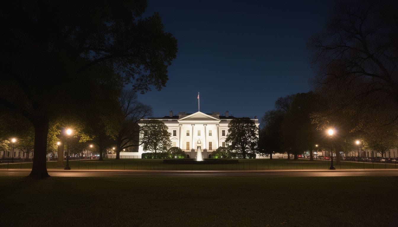 The White House at night seen from Lafayette Park