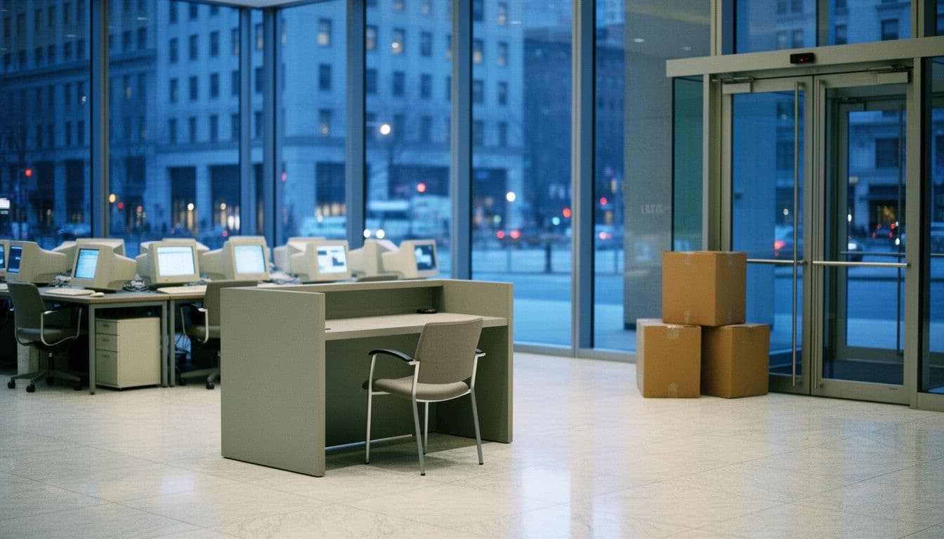 Empty glass lobby of a Manhattan bank with old desktop monitors and boxes by the door