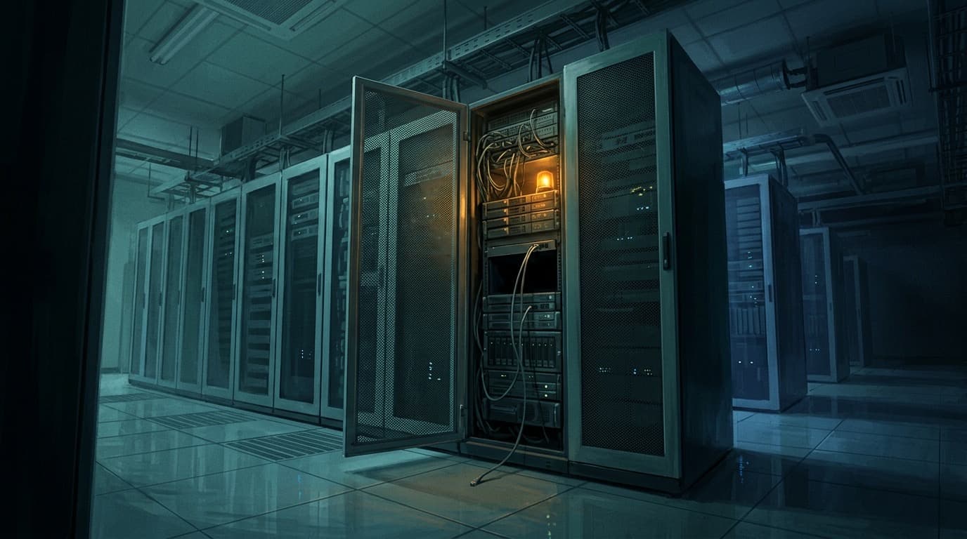 A dim data center aisle with one server rack door propped open, an amber warning light glowing inside and a loose network cable hanging down, no people.