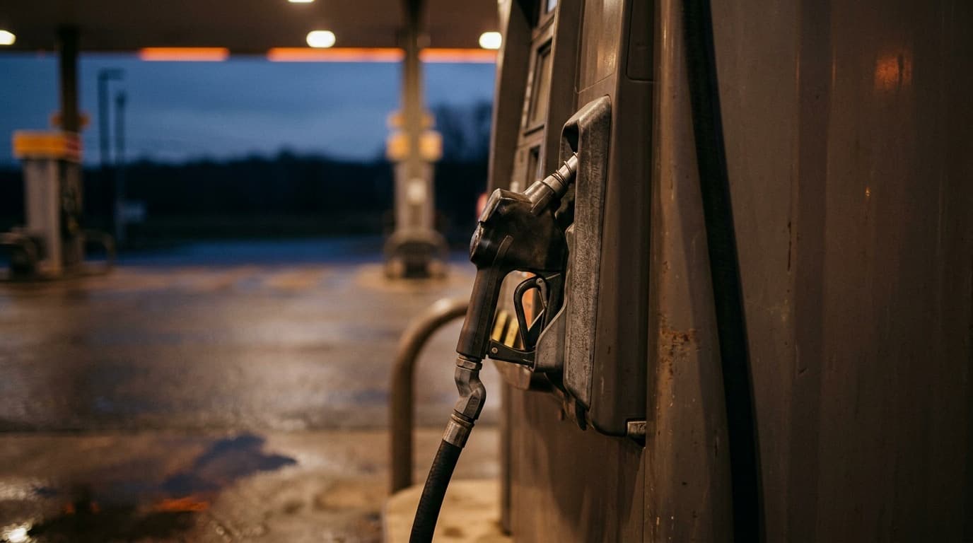 A row of gasoline pump nozzles in warm evening light at an empty fuel station, no people, no text.