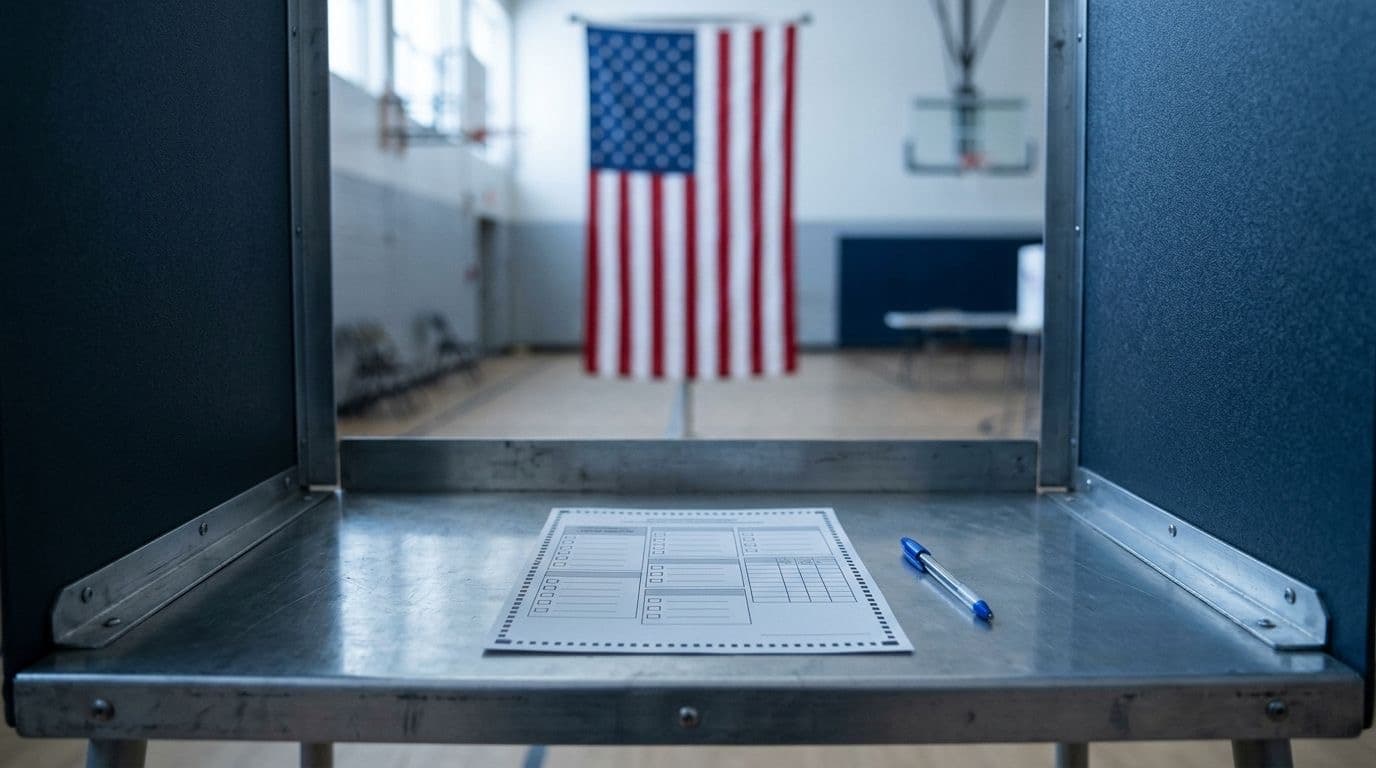 A paper ballot and a pen rest on the ledge of an empty voting booth with a flag blurred behind it.