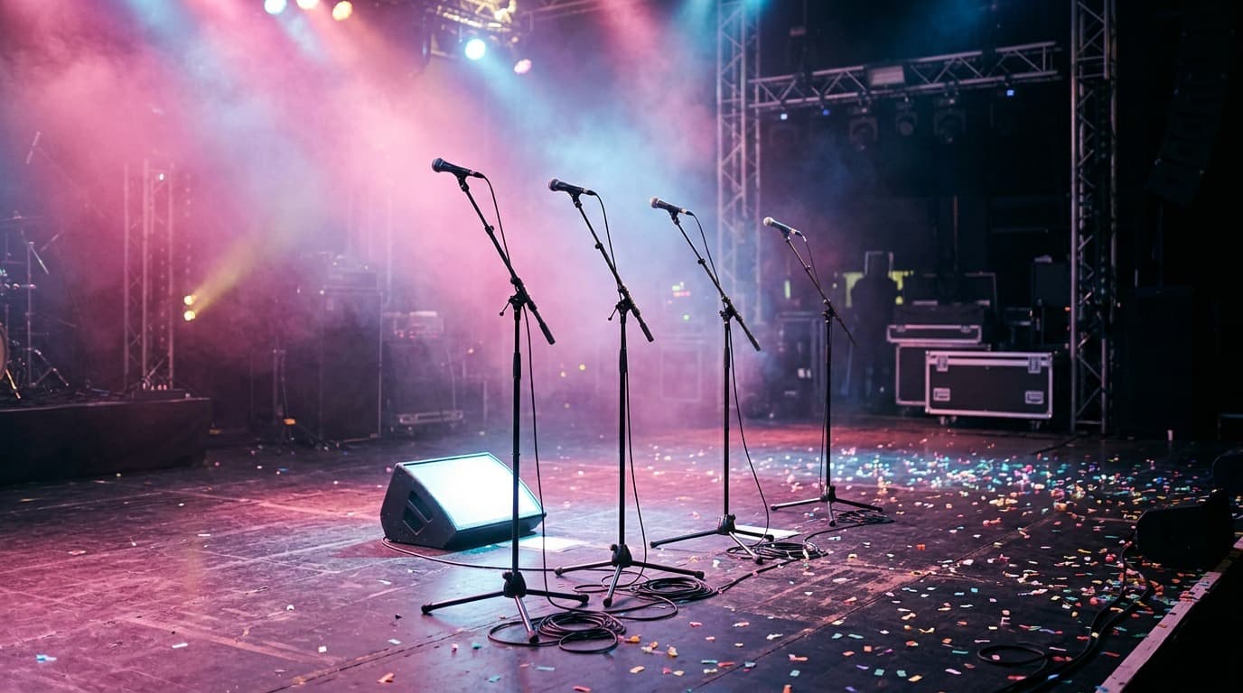 An empty pop concert stage with four microphone stands under pink and blue lights, no people, no text.