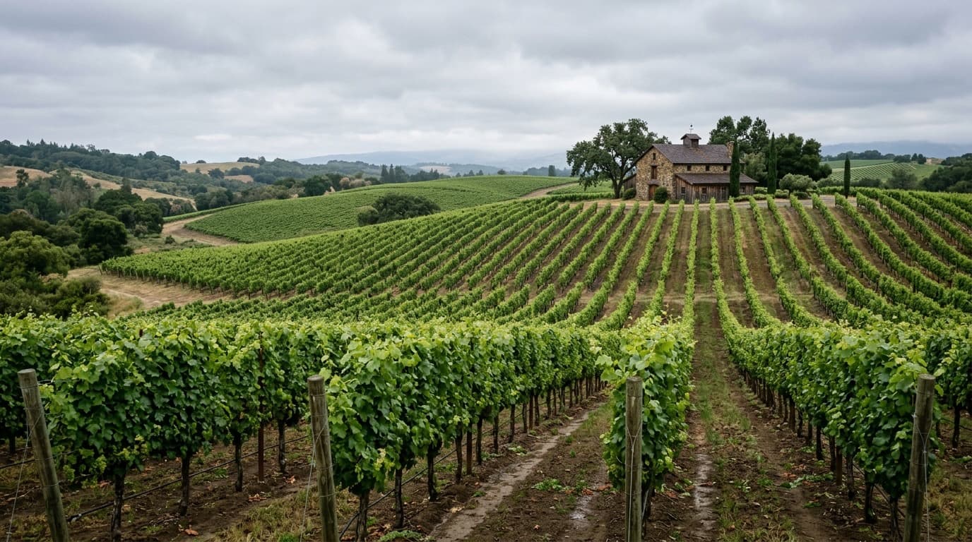 Rows of grapevines in a Sonoma County vineyard under overcast morning light, an old stone winery building in the distance, no people, no readable text.
