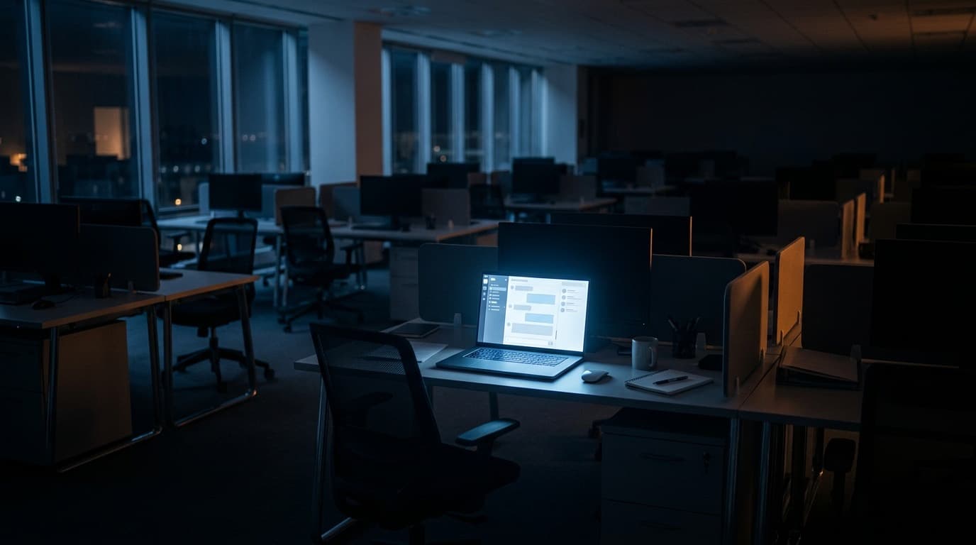 A single laptop glowing in a dark, empty open-plan office at night, with blank chat windows on the screen and no people in view.