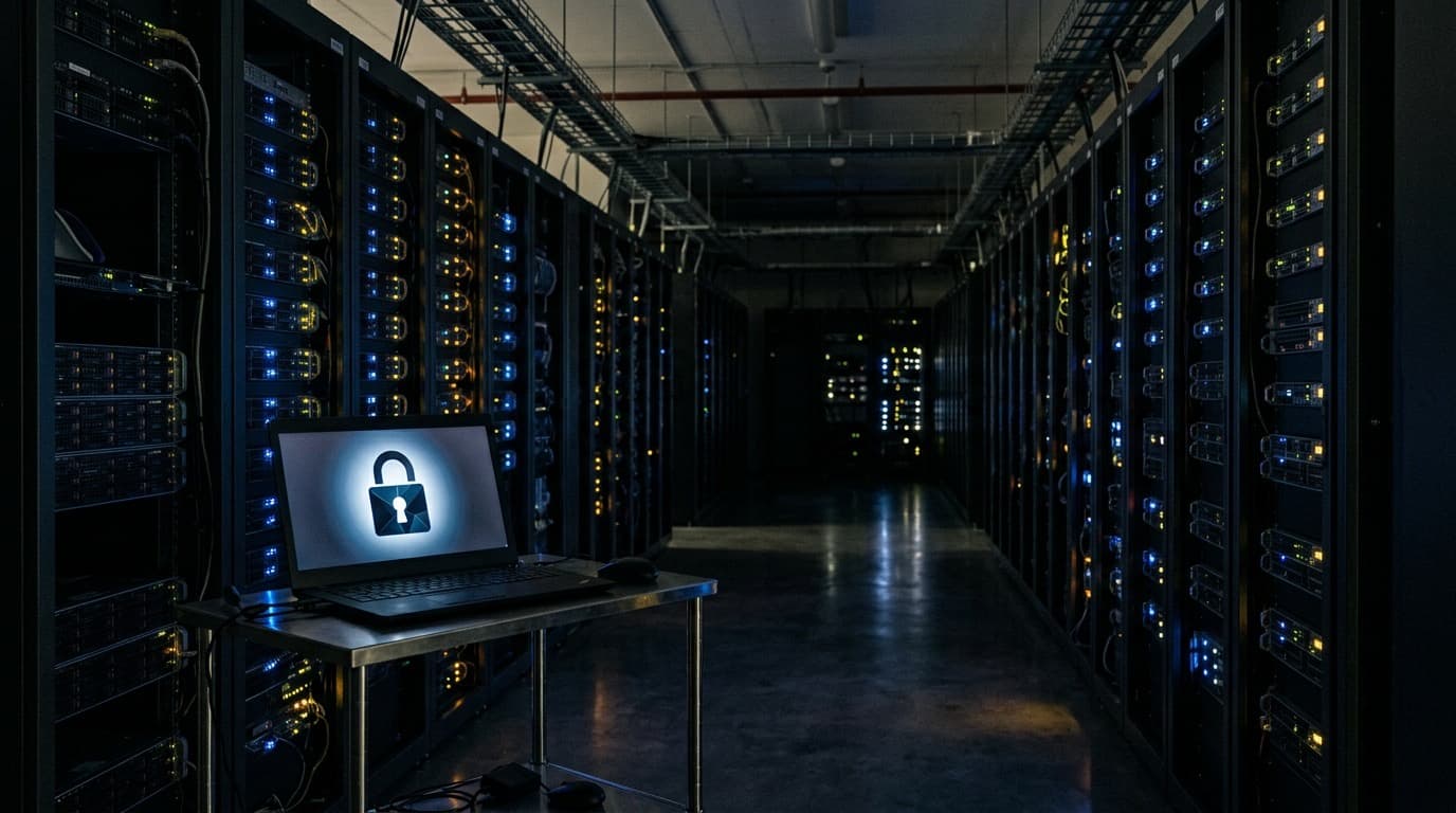 A dark server room corridor lit by blue server rack lights, no people, no visible text.