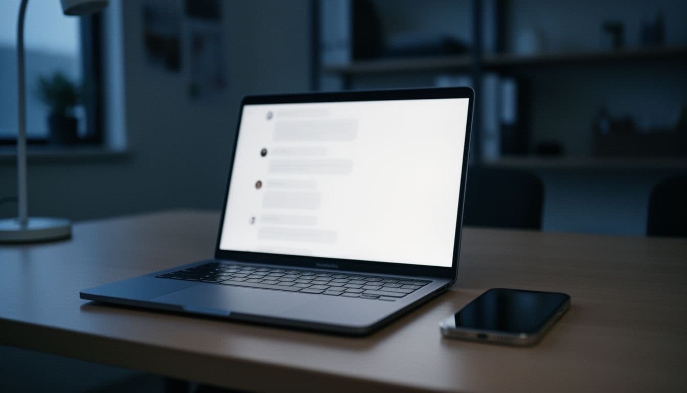 Laptop with a plain chat window beside a phone on a desk at night