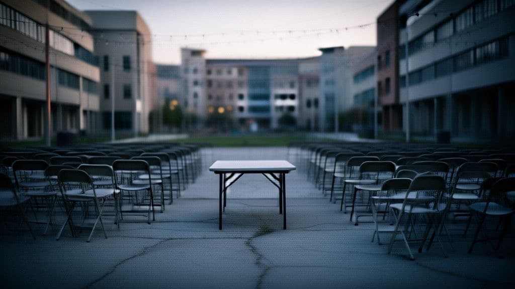 Empty rows of folding chairs and a bare table at a university career fair, string lights unlit overhead, no people, no visible text.