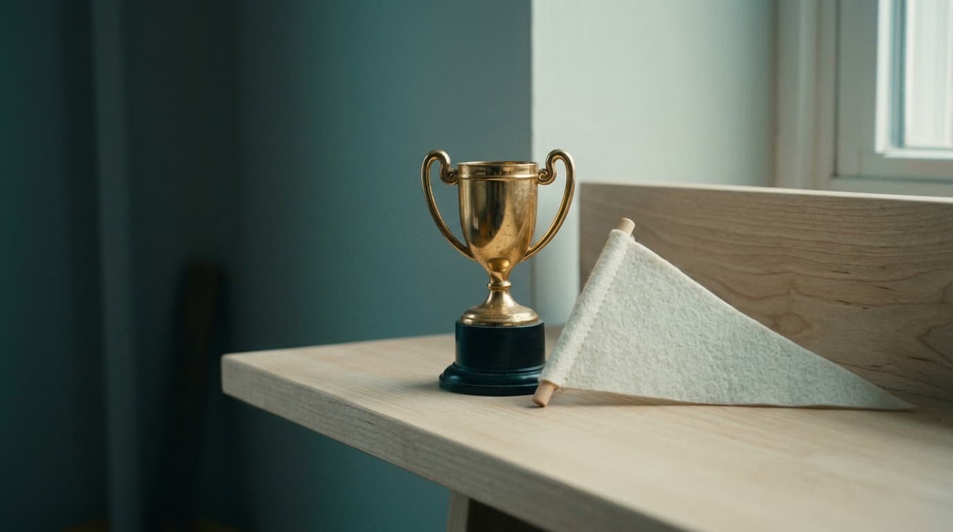 A small gold trophy cup on a pale wooden shelf beside a plain white pennant, no people, no text.