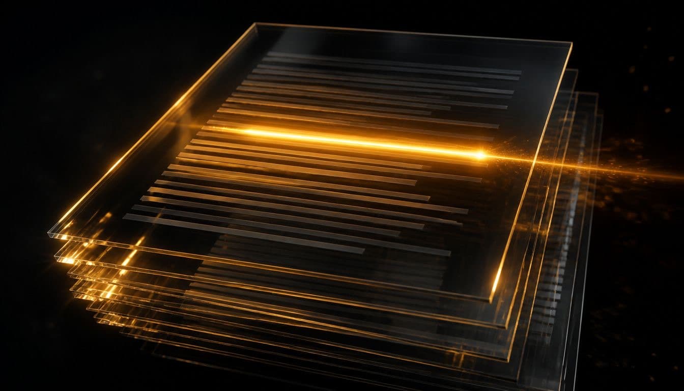 Stacked translucent glass contract pages in a dark space, with a single glowing amber line of light crossing the top page.