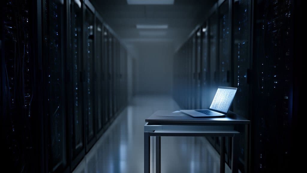 A dim data center corridor with glowing blue server racks and a laptop screen faintly lit in the foreground, no people, no visible text.