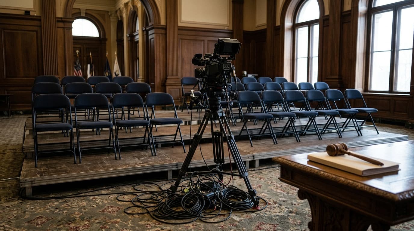 An unmanned broadcast camera on a tripod and empty chairs at a press riser, with a gavel resting on a closed folder on a nearby table.