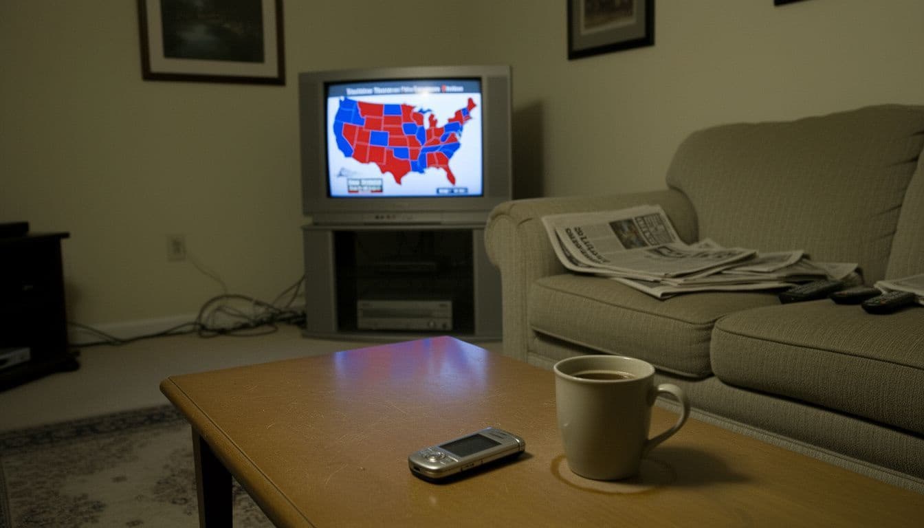 Living room television showing a red and blue electoral map beside a coffee mug and a flip phone