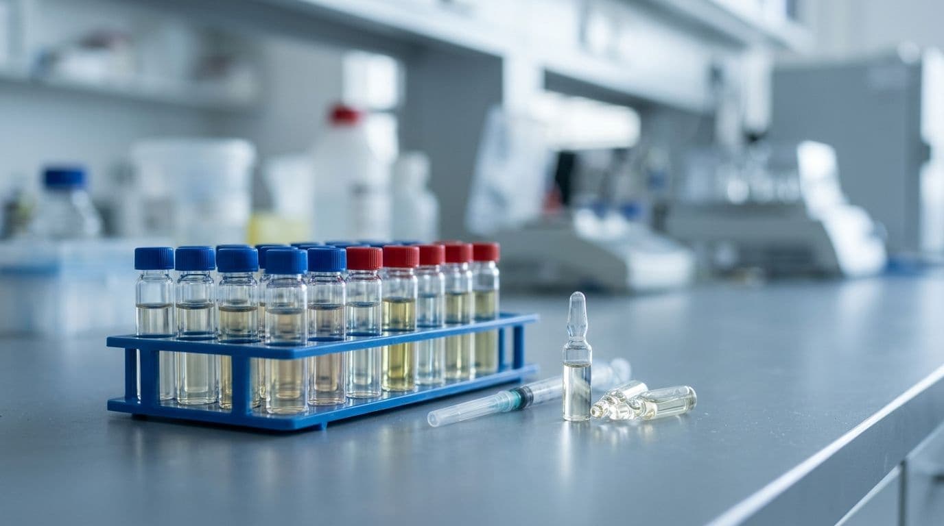 Rack of glass sample vials with blue and red caps beside a syringe and ampoules on a laboratory bench