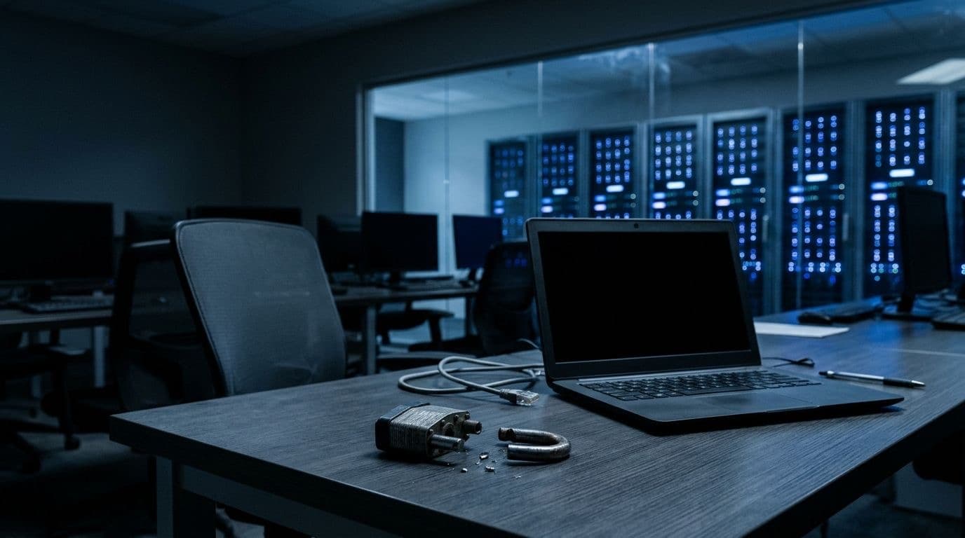 A dim training room with a dark laptop, a broken padlock on the desk and blue server racks behind glass.