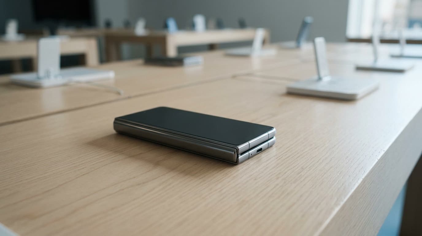 A single closed foldable smartphone with plain dark glass on a pale wooden display table, empty white stands blurred behind it, no people.