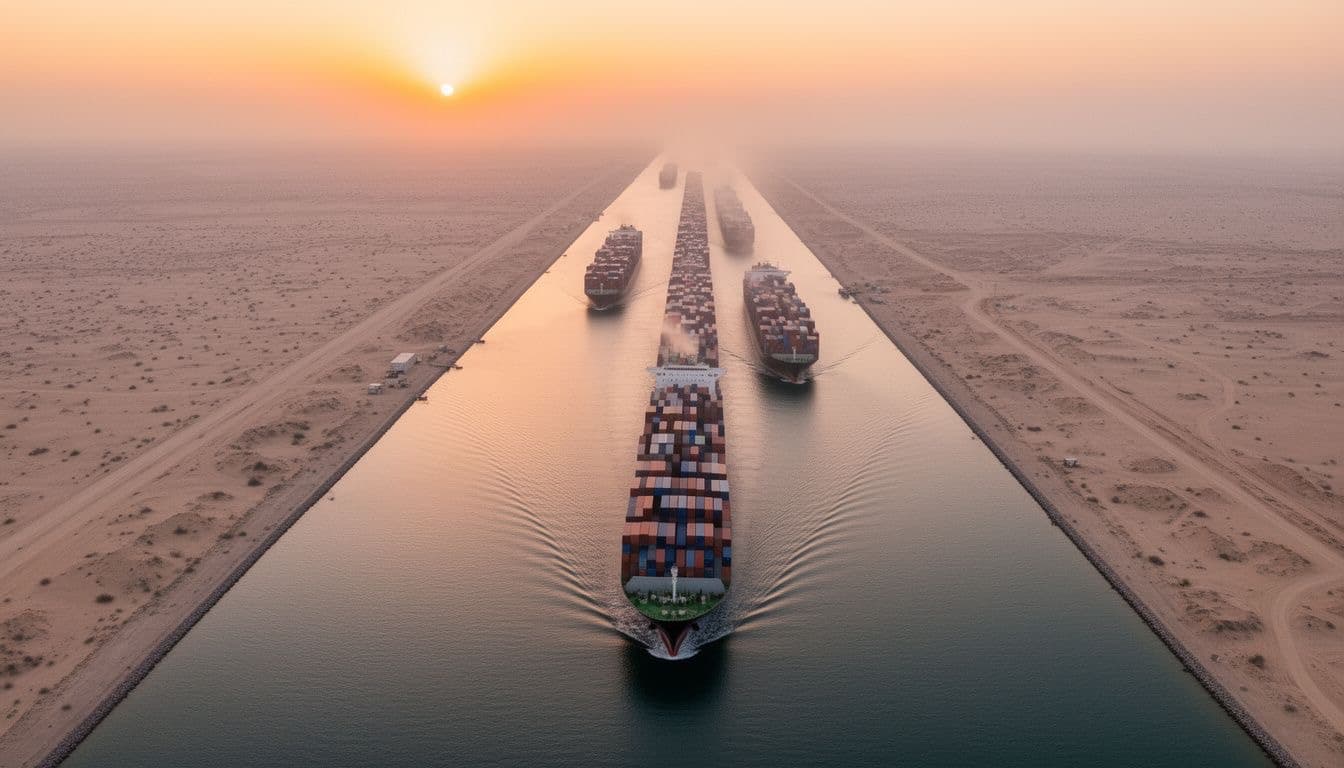 Container ship stuck across a desert canal with an excavator and tugboats