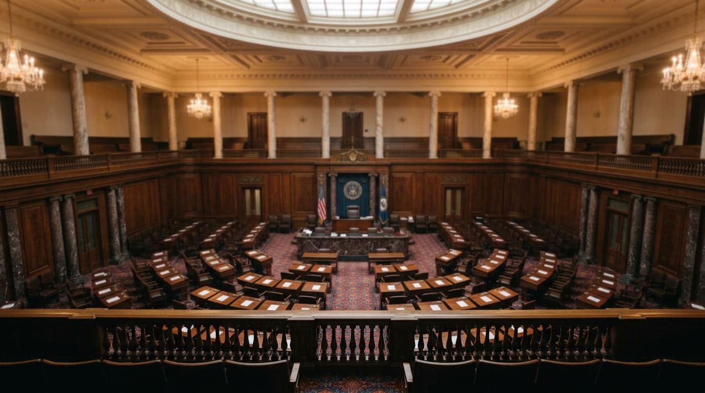 An empty Senate chamber viewed from the visitors gallery, rows of wooden desks and a central podium, no people visible, soft overhead light.