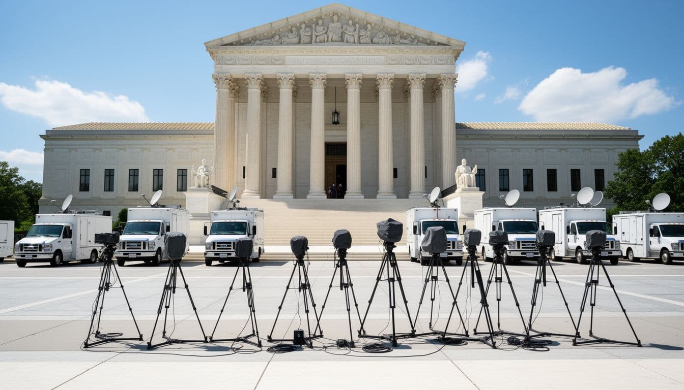 The Supreme Court building with television camera tripods and satellite trucks lined up in front