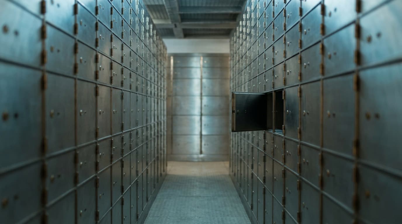 A stack of dark steel safe-deposit boxes in a vault corridor lit by cool blue light, no people, no text.