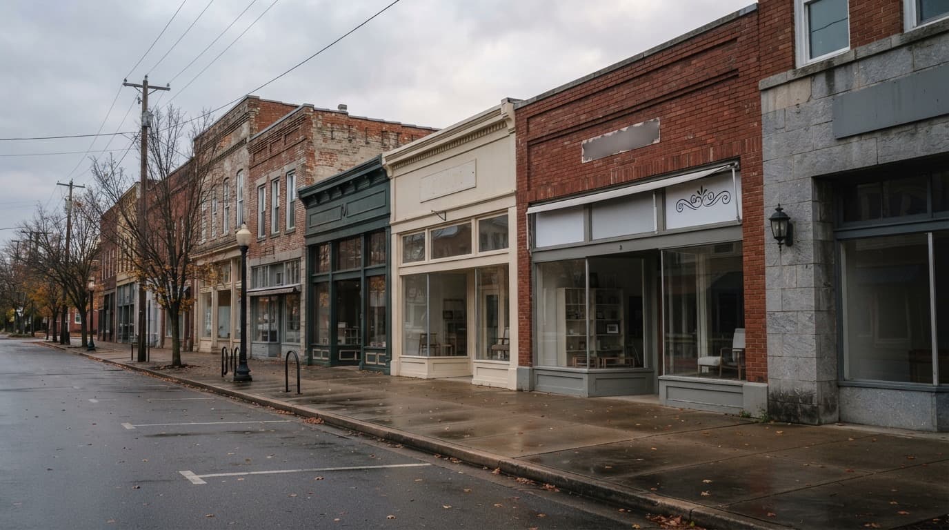Rows of small storefronts along a quiet downtown street under overcast daylight, no people visible, no readable text or signage.