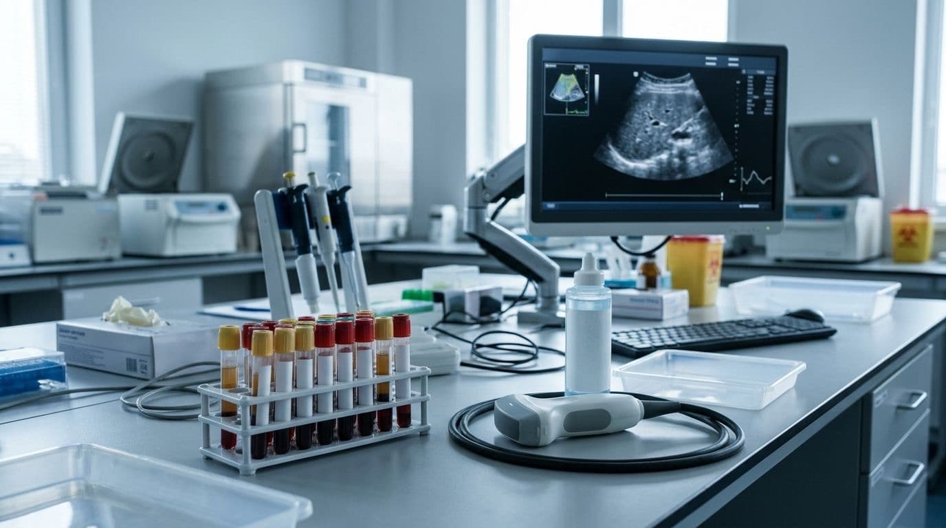 Rack of blood sample tubes beside an ultrasound elastography probe and monitor on a clean laboratory bench