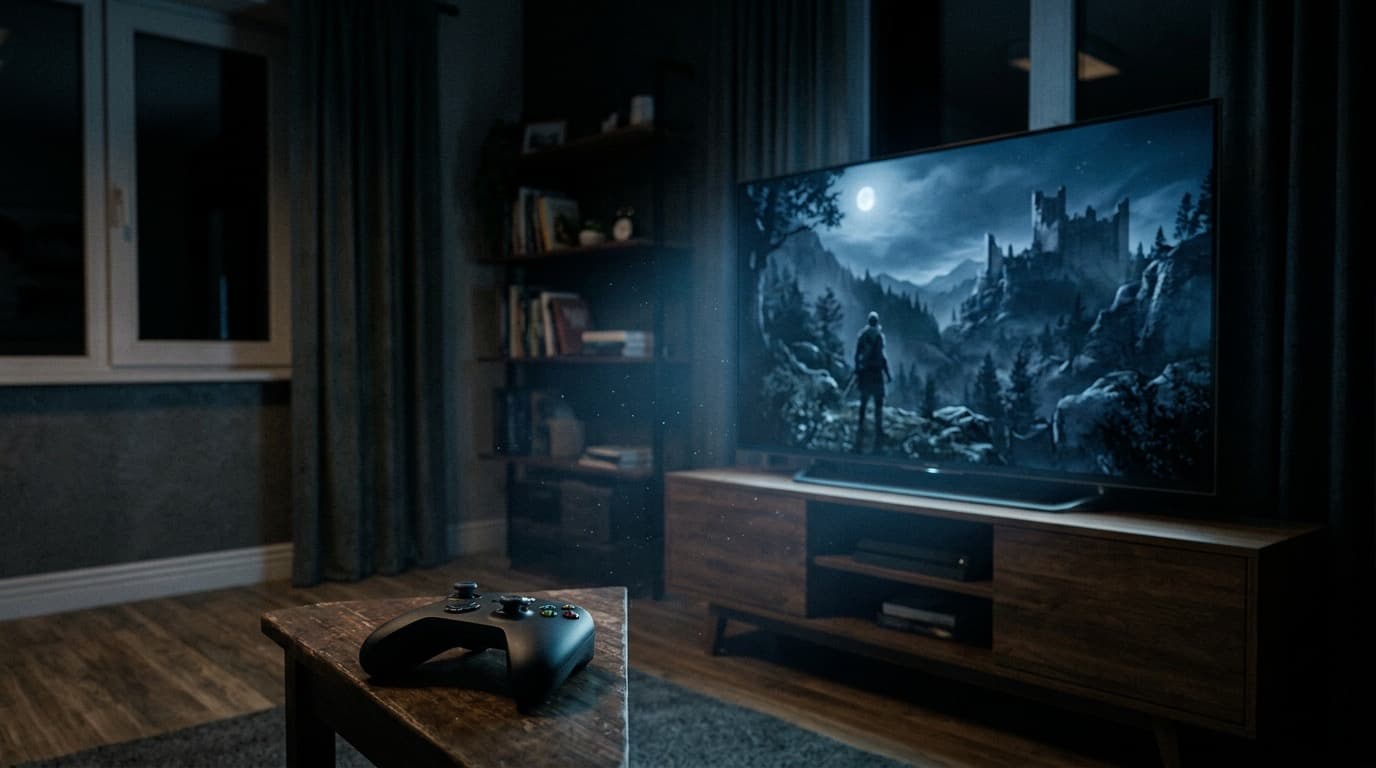 A video game controller resting on a dark desk beside a paused game screen glowing in a dim room, no people, no text or logos visible anywhere in frame.