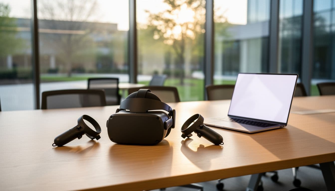 A virtual reality headset and two controllers on a conference table beside an open laptop