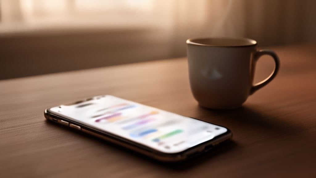 A smartphone glowing with a chat conversation bubble on a table next to a coffee cup, no visible text or faces, soft morning light.