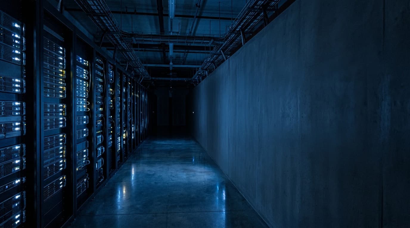A dim data center corridor lined with server racks under cool blue light, a single row receding into shadow, no people, no text or logos visible anywhere in frame.