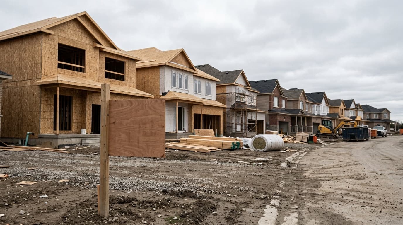 A row of unsold single-family homes under construction in a suburban development, with a price-reduced yard sign in the foreground, overcast sky, no people visible.