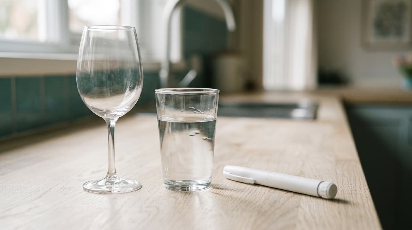 A glass of water and a single unopened pen injector on a wooden kitchen counter in soft morning light, no people.