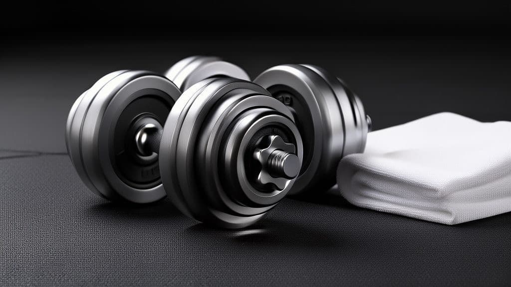 A close-up of a pair of adjustable dumbbells resting on a gym floor mat beside a folded towel, soft overhead light, no people, no text.