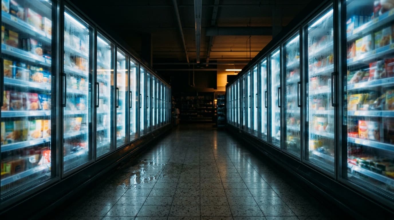 Rows of commercial refrigeration cases in a dim supermarket aisle, interior lights on, no people and no text.