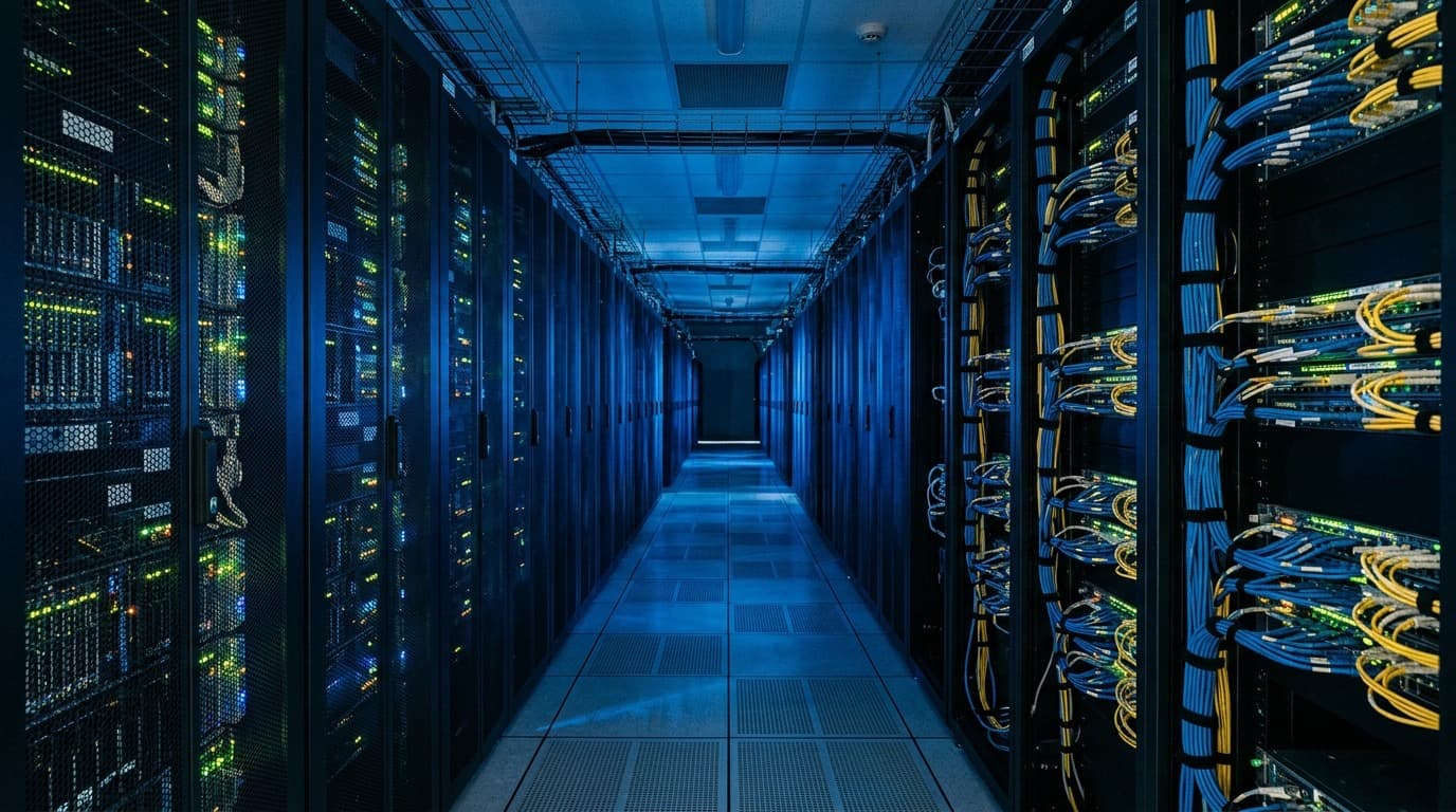 Rows of data center server racks with cabling under cool blue light, no people, no text.