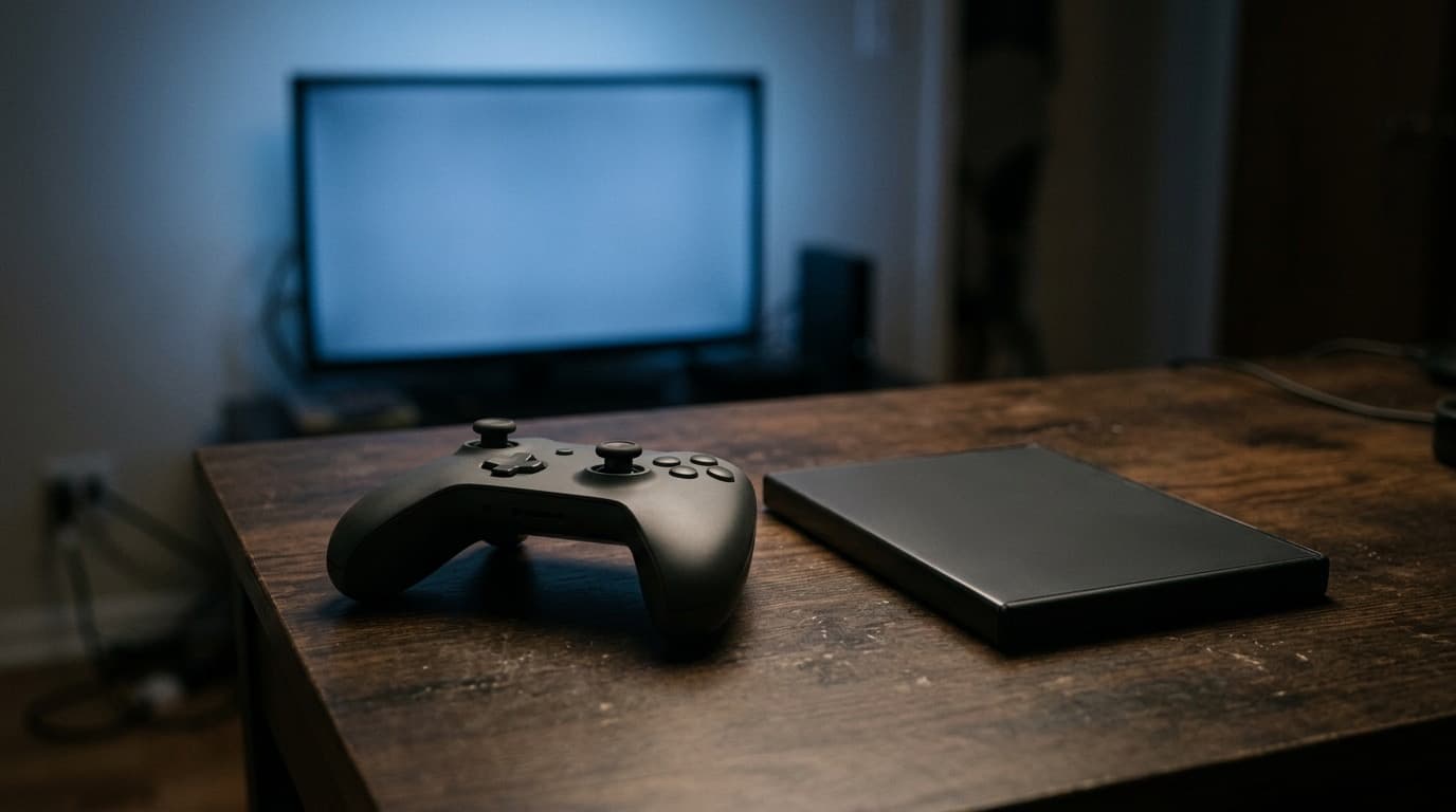 A game console and controller on a dark desk beside a closed physical game case, lit by a single blue screen glow, no people, no text.