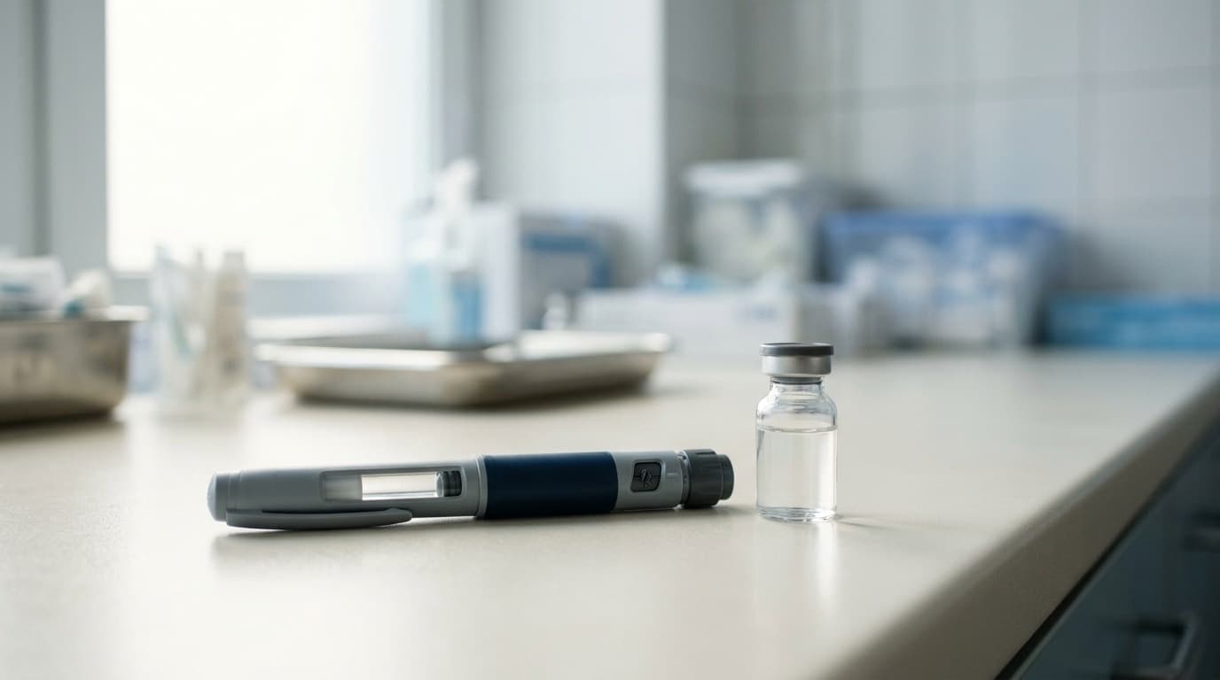 Close-up of a prefilled insulin pen and a small glass vial resting on a clinical countertop, soft light, no people, no text.