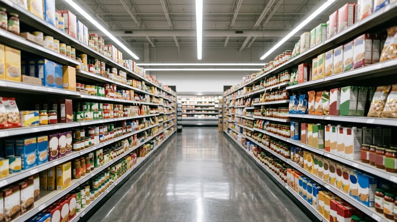 A grocery store aisle with shelves of packaged goods under bright overhead lights, no people, no text.