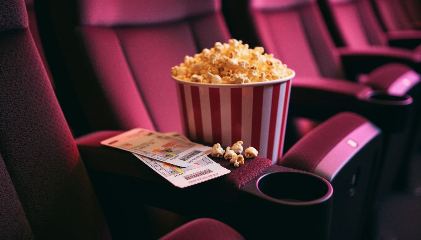 Pink movie seats with a popcorn bucket and tickets