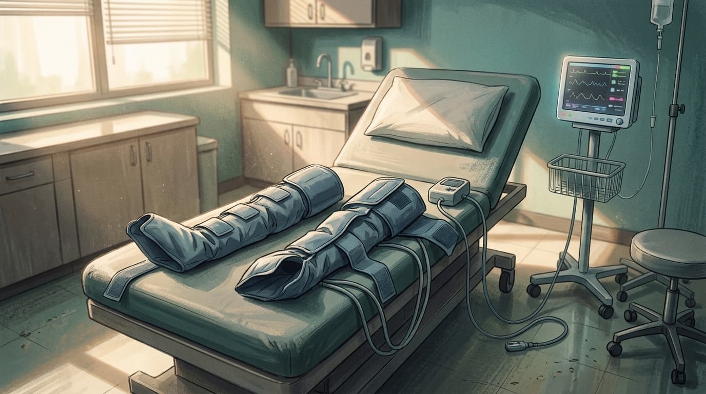 A quiet outpatient treatment room with a padded bed, empty inflatable leg cuffs and a heart monitor, no people.