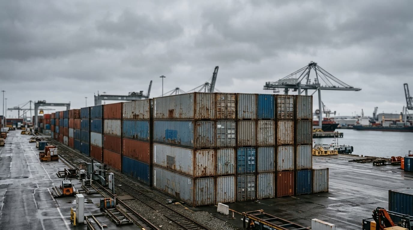 A row of shipping containers stacked at a port under an overcast sky, no people, no text.