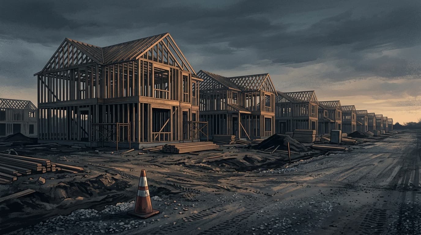 Rows of unfinished wooden house frames on a graded lot at dusk under an overcast sky, with a single traffic cone in the foreground.