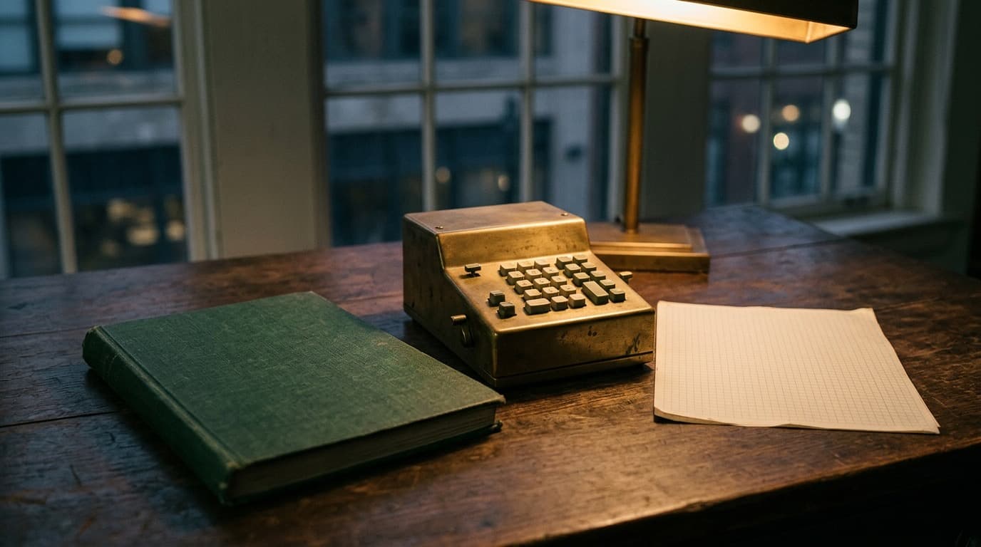 A brass desk calculator beside a closed green ledger and a sheet of blank graph paper on a dark wooden desk under a lamp, no people.