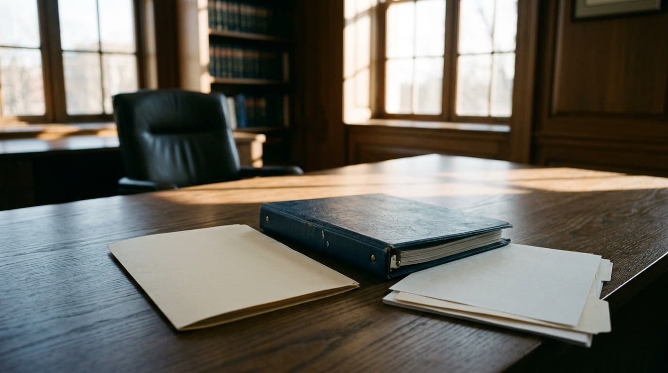 A closed manila folder, a blue binder and loose blank papers on a wooden desk in an empty office with tall windows, no people.