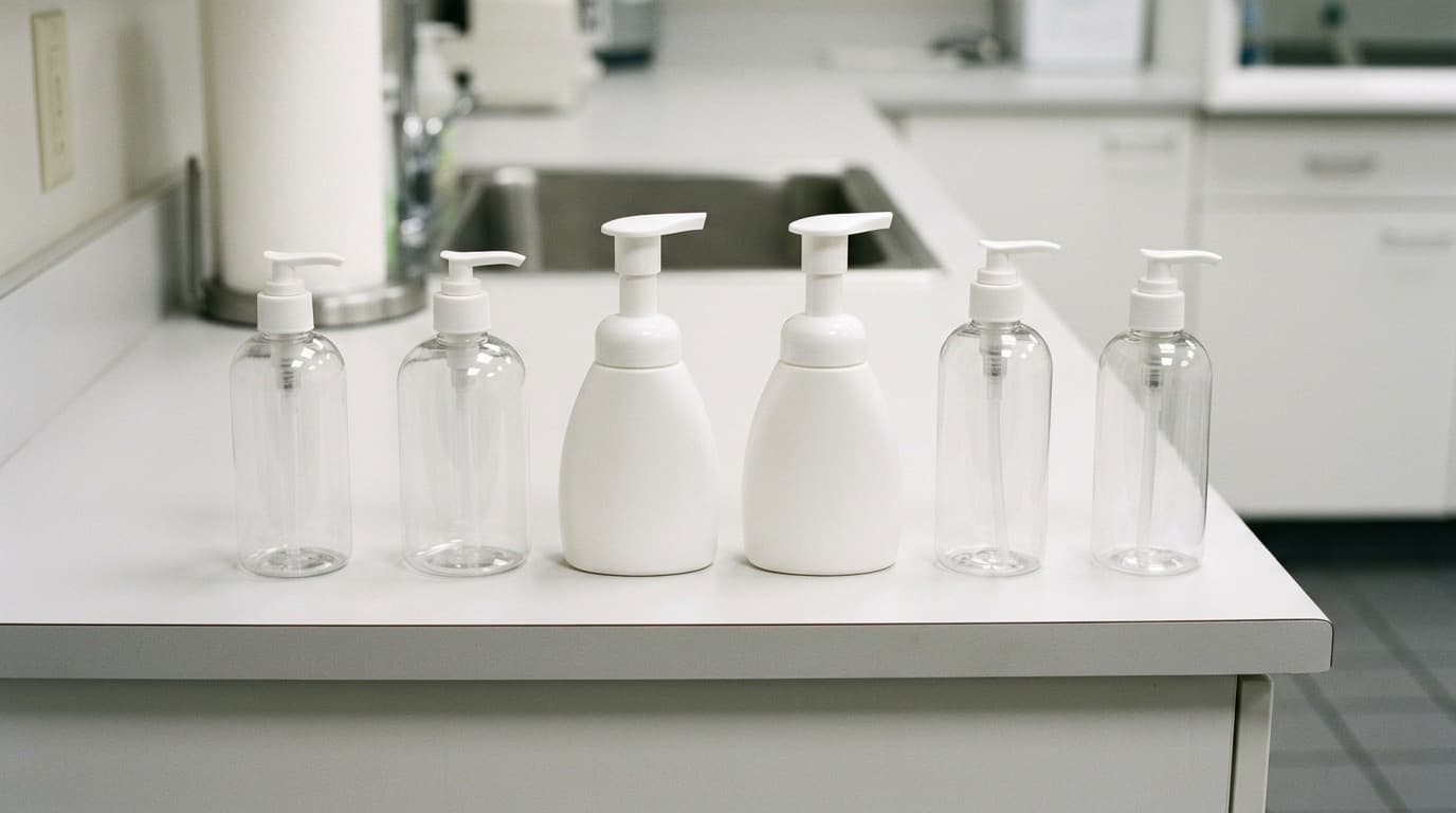 A row of plain foaming soap dispensers lined up on a white countertop under clinical lighting, no people, no text.
